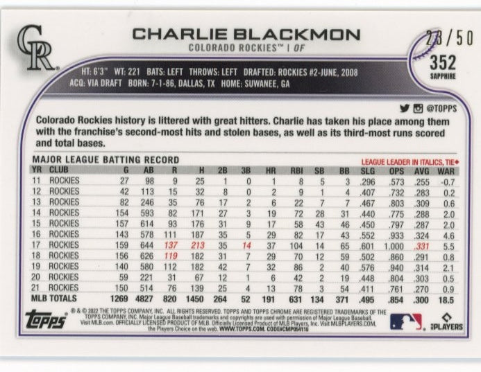 2022 Topps Chrome Sapphire Charlie Blackmon #352 - #/50 Gold Rockies