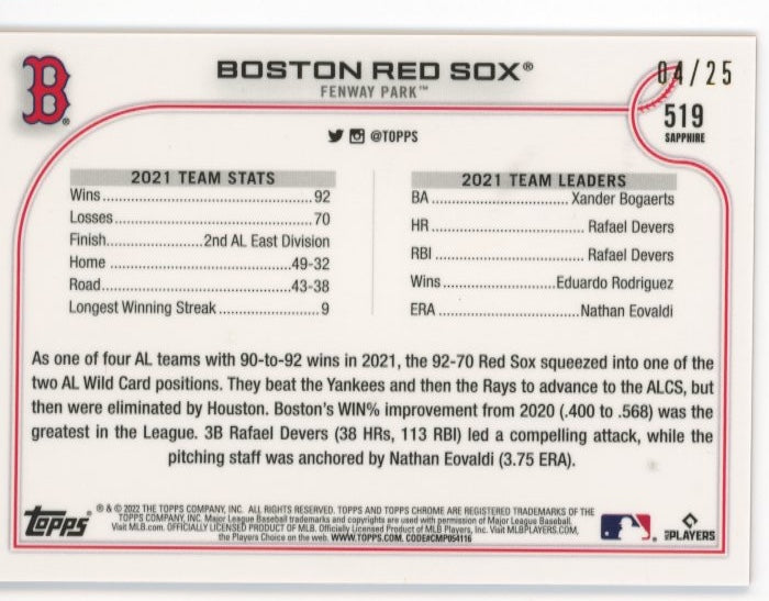2022 Topps Chrome Sapphire Boston Red Sox #519 - #/25 Orange