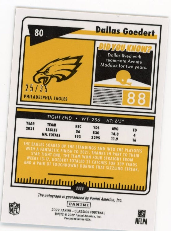 2022 Panini Classics Dallas Goedert #80 - #/35 Gold Auto Eagles
