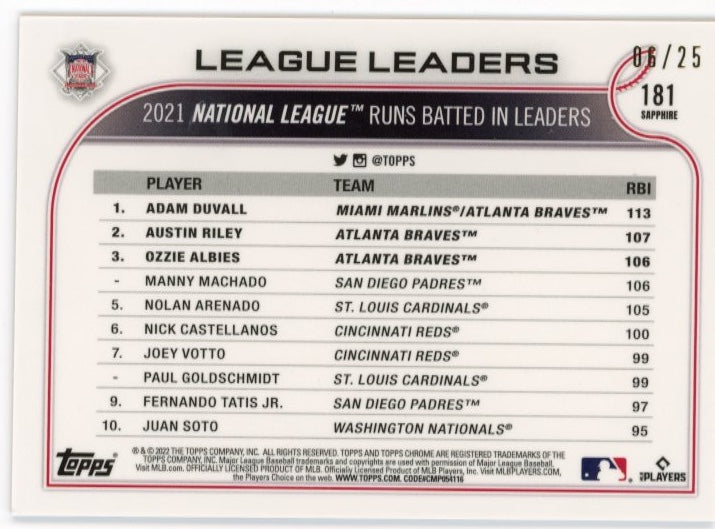 2022 Topps Chrome Sapphire Duvall/Riley/Albies #181 - #/25 Runs Batted In Leaders Orange Braves