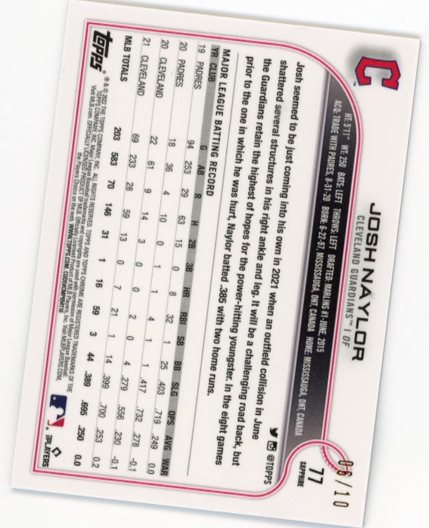 2022 Topps Chrome Sapphire Josh Naylor #77 - #/10 Purple Guardians