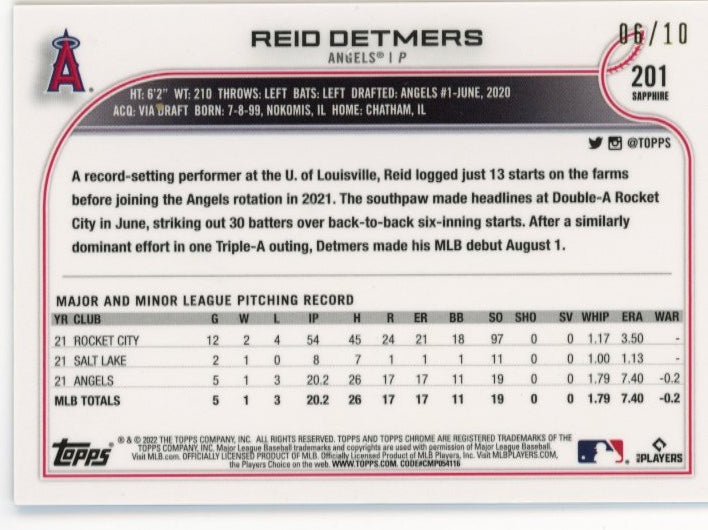 2022 Topps Chrome Sapphire Reid Detmers RC #201 - #/10 Purple Angels