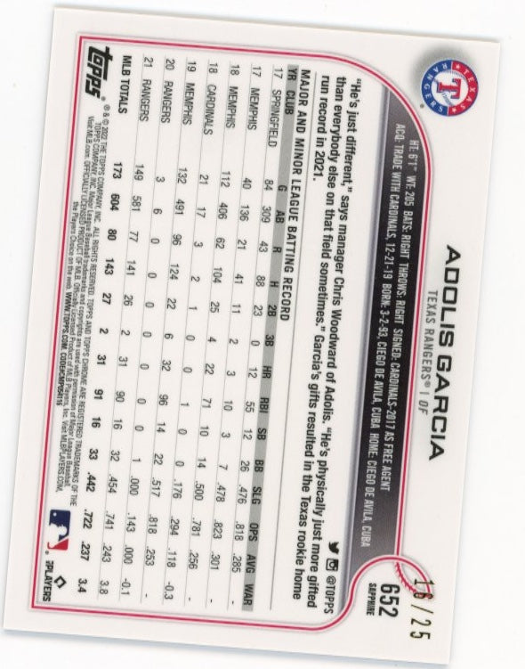 2022 Topps Chrome Sapphire Adolis Garcia #652 - #/25 Orange Rangers