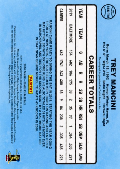 2020 Panini Donruss Trey Mancini #86S-TM - Autograph Red #/99 Orioles