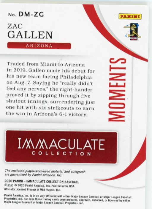 2020 Immaculate Collection Zac Gallen RC #DM-ZG - #/49 Patch Auto Debut Moments Diamondbacks