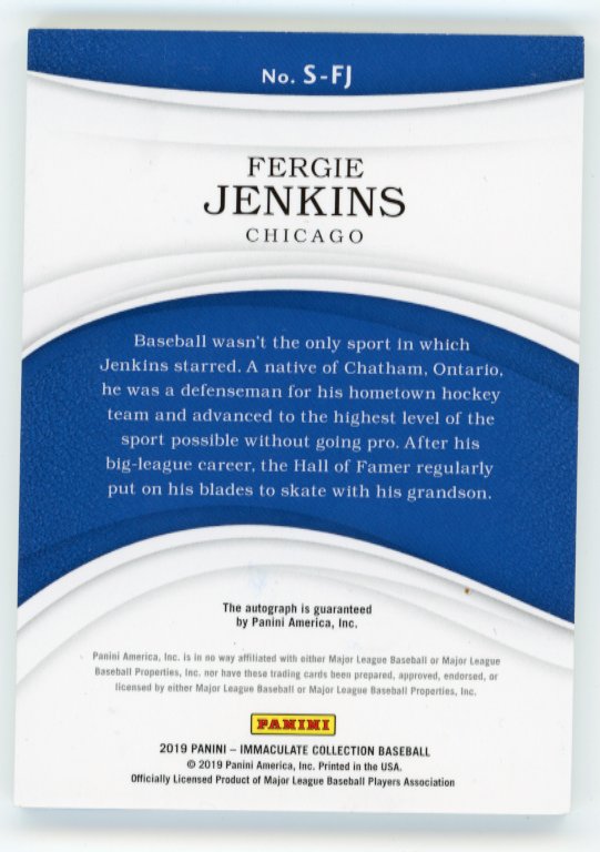 2019 Panini Immaculate Collection Fergie Jenkins #S-FJ - #/49 Auto Cubs