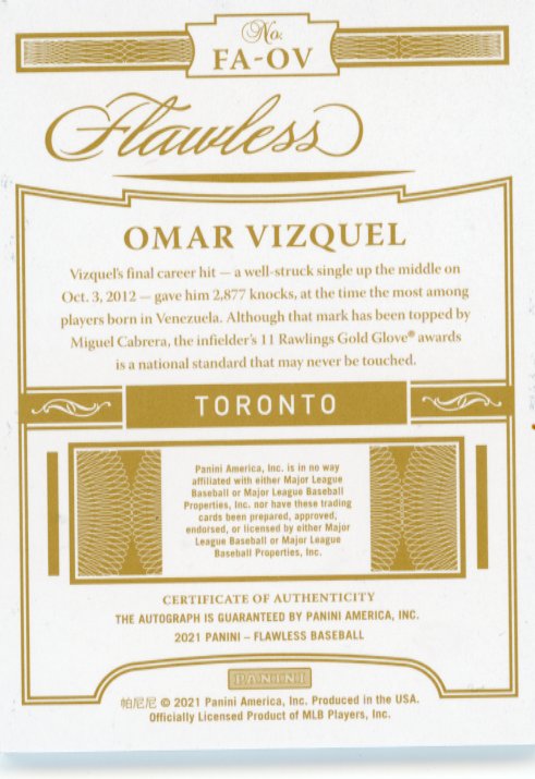 2021 Panini Flawless Omar Vizquel #FA-OV - #/7 Auto Blue Jays