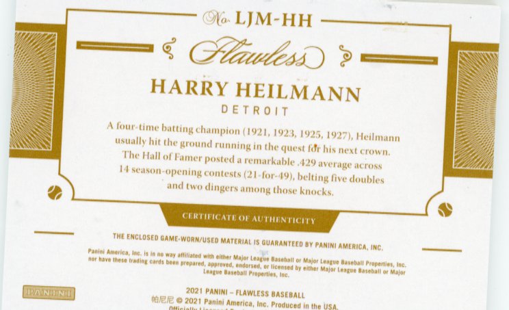 2021 Panini Flawless Harry Heilmann #LJM-HH - #/15 Relic Tigers