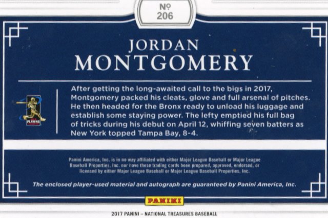 2017 Panini National Treasures Jordan Montgomery RC #206 - #/99 Patch Auto Yankees