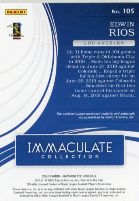 2020 Panini Immaculate Collection Edwin Rios RC #105 - #/6 Patch Auto Dodgers