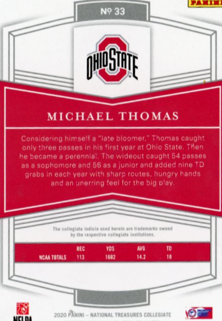 2020 Panini National Treasures Michael Thomas RC #33 - #/49 Buckeyes