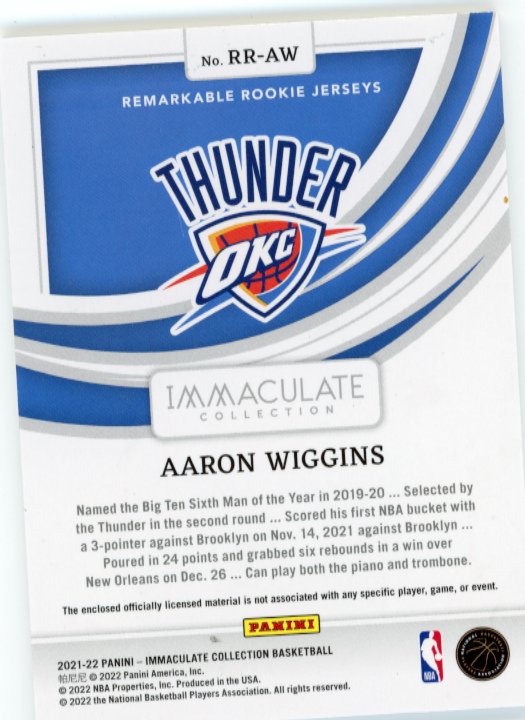 2021-22 Panini Immaculate Aaron Wiggins RC #RR-AW - #/99 Patch Thunder