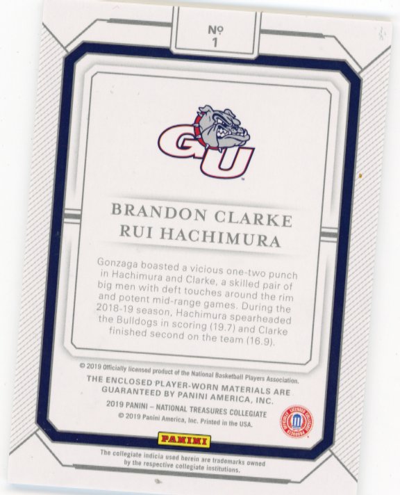 2019 Panini National Treasures Brandon Clarke/Rui Hachimura #1 - #/25 Dual Patch Bulldogs