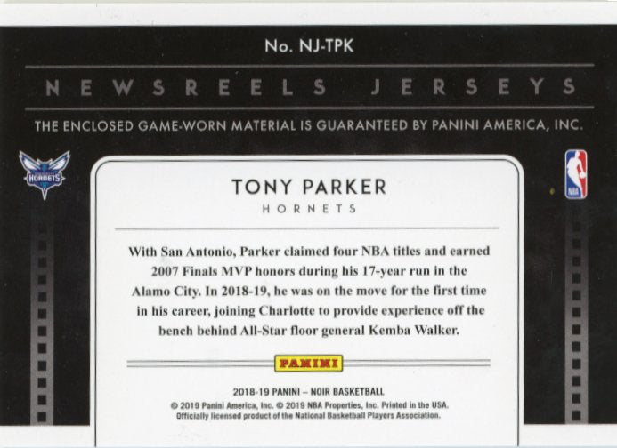 2018-19 Panini Noir Tony Parker #NJ-TPK - #/65 Patch Hornets