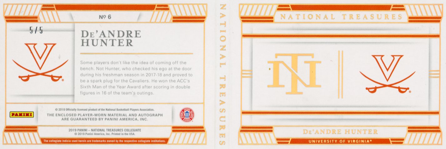 2019 Panini National Treasures De'Andre Hunter Booklet #6 - #/ 5 Patch Autograph Cavaliers