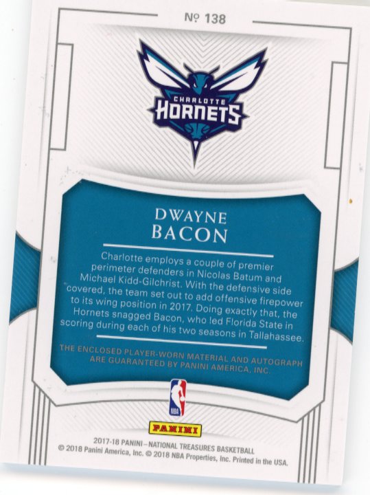 2017-18 Panini National Treasures Dwayne Bacon RC #138 - #/15 Patch Autograph Hornets