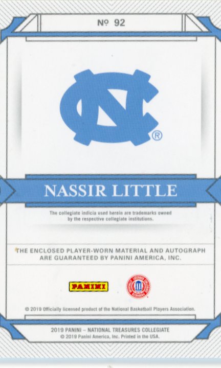 2019 Panini National Treasures Nassir Little RC #92 - #/99 Patch Autograph Tarheels