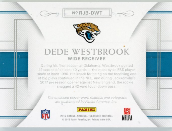 2017 Panini National Treasures Dede Westbrook RC Booklet #RJB-DWT - #/99 Jumbo Patch Autograph Jaguars