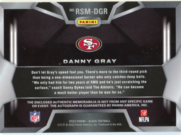 2022 Panini Black Danny Gray RC #RSM-DGR - Dual Patch Autograph #/15 49ers
