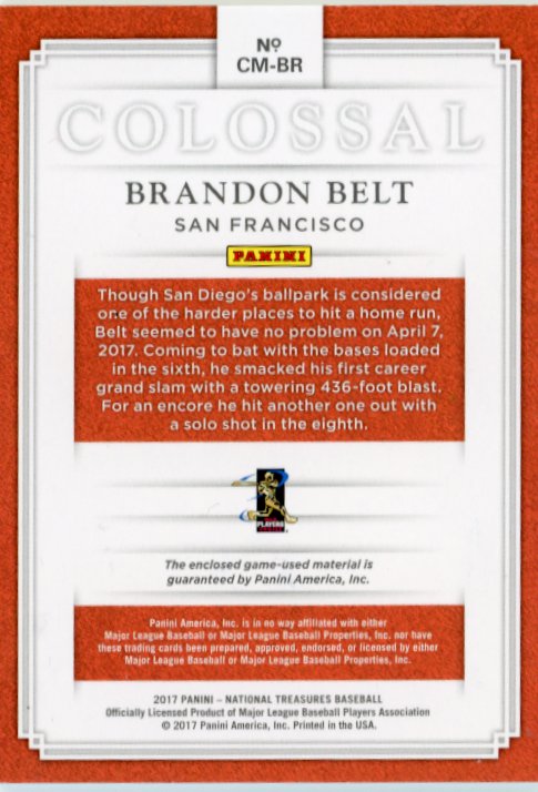 2017 Panini National Treasures Brandon Belt #CM-BR - #/10 Colossal Patch Giants