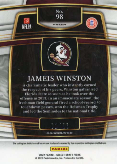 2022 Panini Select Draft Picks Jameis Winston #98 - #/26 Florida State