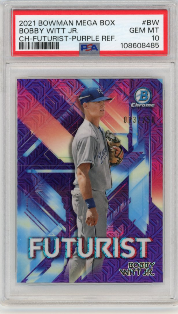2021 Bowman Mega Box Bobby Witt Jr #FUT-BW - #/250 Futurist Purple Royals PSA 10