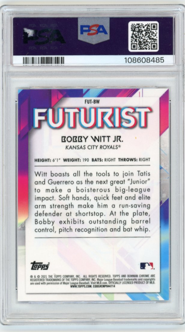2021 Bowman Mega Box Bobby Witt Jr #FUT-BW - #/250 Futurist Purple Royals PSA 10