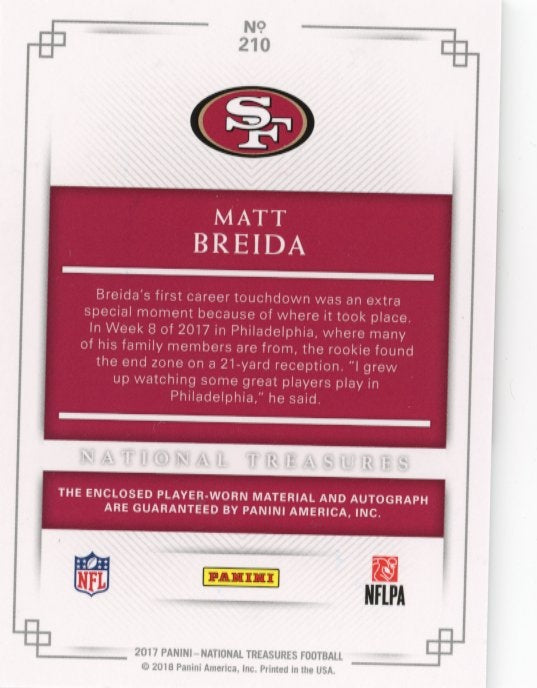 2017 Panini National Treasures Matt Breida RC #210 - Autograph Relic #/99 49ers