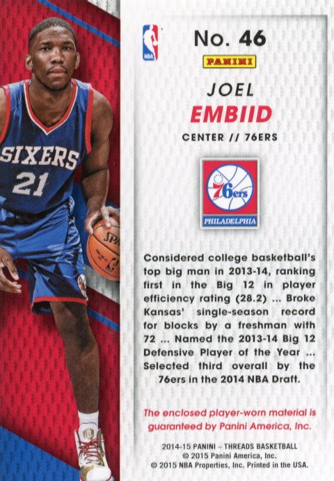2014-15 Panini Threads Joel Embiid Rookie RC #46 - Patch Sixers