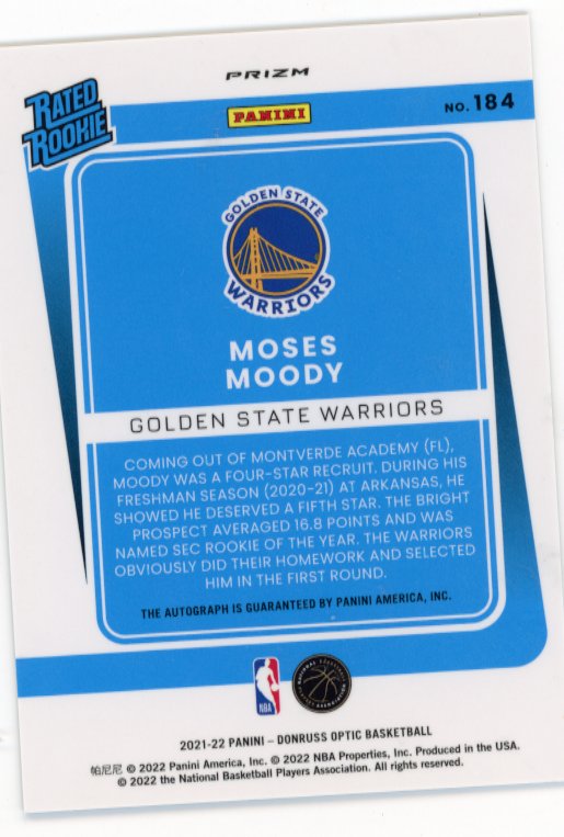 2021-22 Panini Donruss Optic Moses Moody Rated Rookie RC #184 - Purple Autograph Warriors