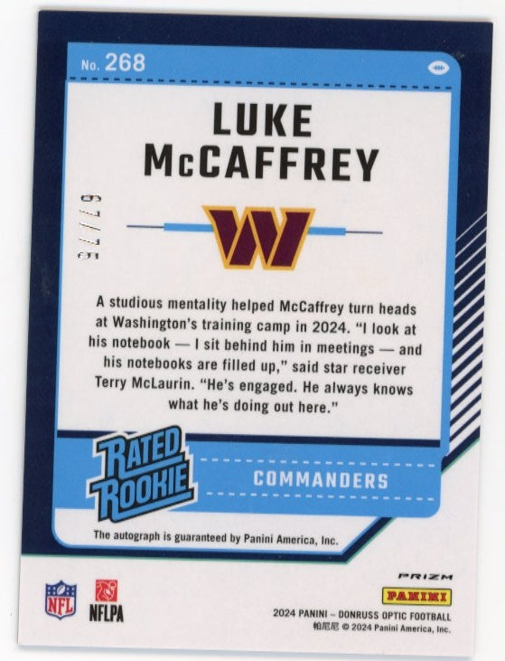 2024 Panini Donruss Optic Luke McCaffrey Rated Rookie RC #268 - Red #/75 Autograph Commanders