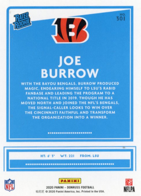 2020 Panini Donruss Joe Burrow Rated Rookie RC #301 - Bronze Bengals