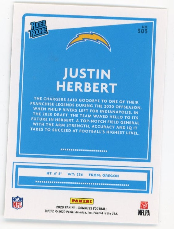 2020 Panini Donruss Justin Herbert Rated Rookie RC #303 - Bronze Chargers