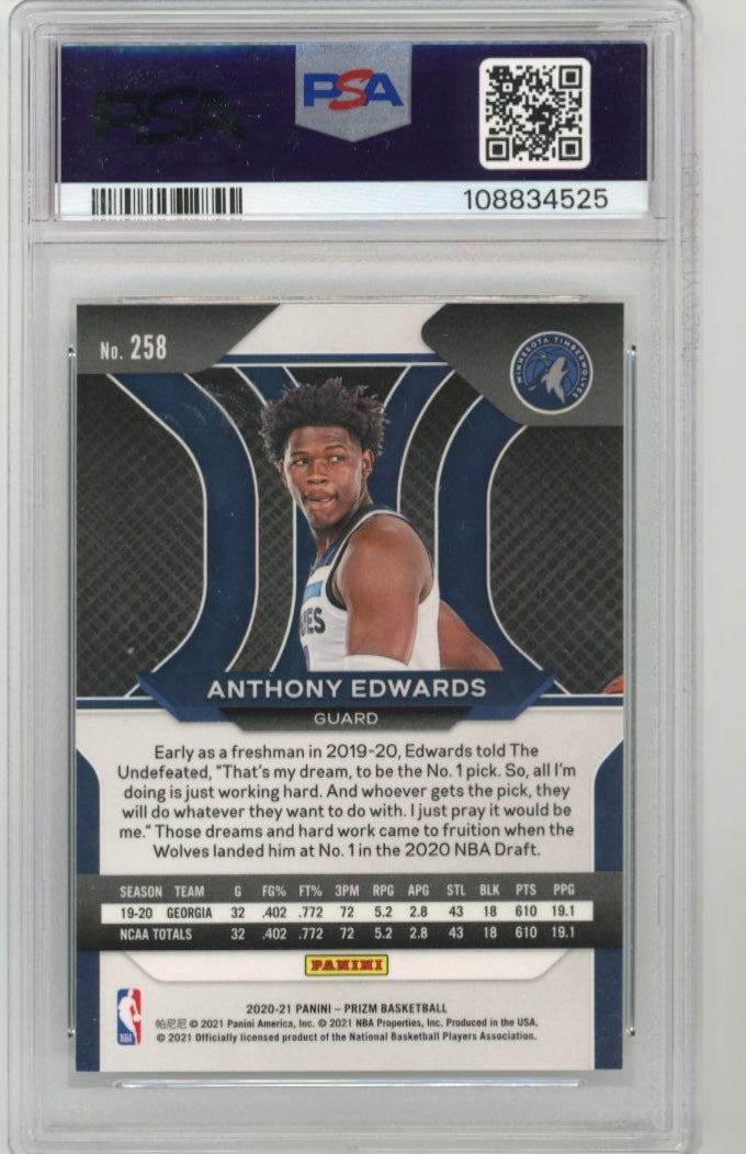 2020 Panini Prizm Anthony Edwards RC #258 - PSA 8 Timberwolves