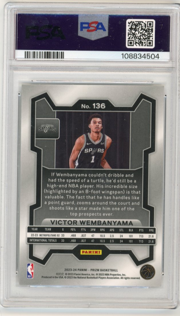 2023/24 Panini Prizm Victor Wembanyama RC #136 - PSA 9 Spurs