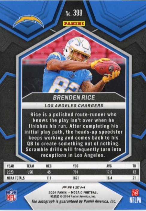 2024 Panini Mosaic Brenden Rice RC #399 - Autograph White Mosaic Chargers