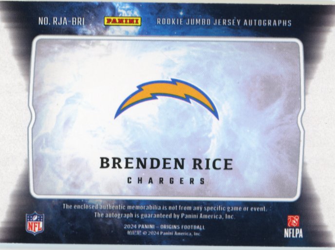2024 Panini Origins Brenden Rice Rookie Jumbo Jersey Autographs RC #RJA-BRI - Autograph Relic Chargers