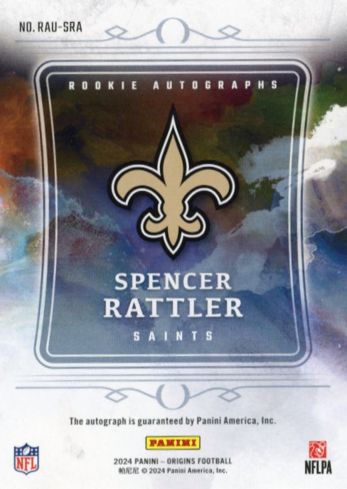 2024 Panini Origins Spencer Rattler Rookie RC #RAU-SRA - #/17 Pruple Auto Saints