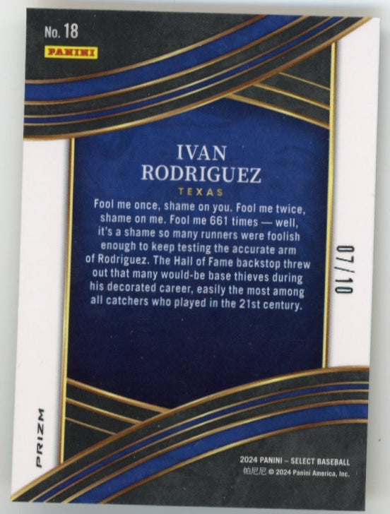 2024 Panini Select Ivan Rodriguez Numbers #18 - Gold #/10 Rangers