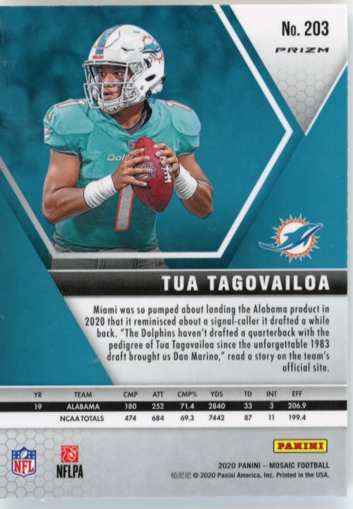 2020 Panini Mosaic Tua Tagovailoa RC #203 - White Sparkle Dolphins