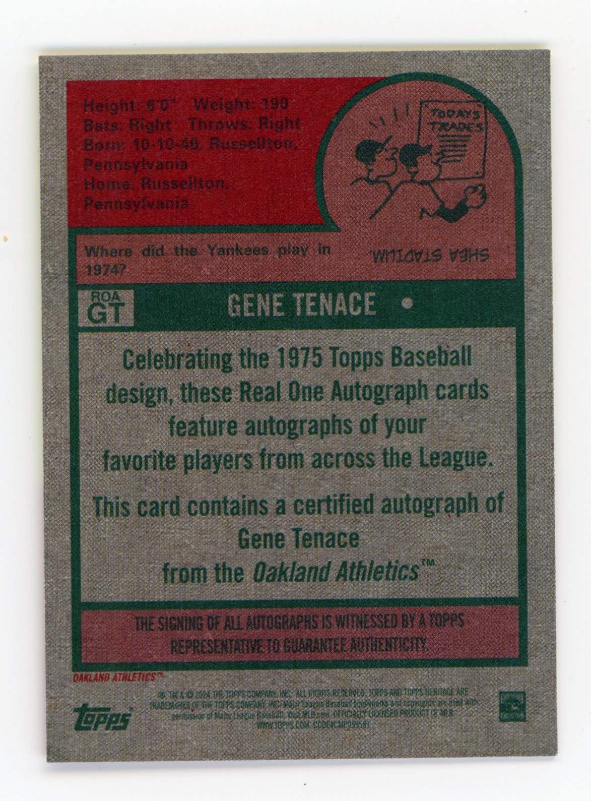 2024 Topps Heritage Gene Tenace #ROA-GT - Autograph Athletics