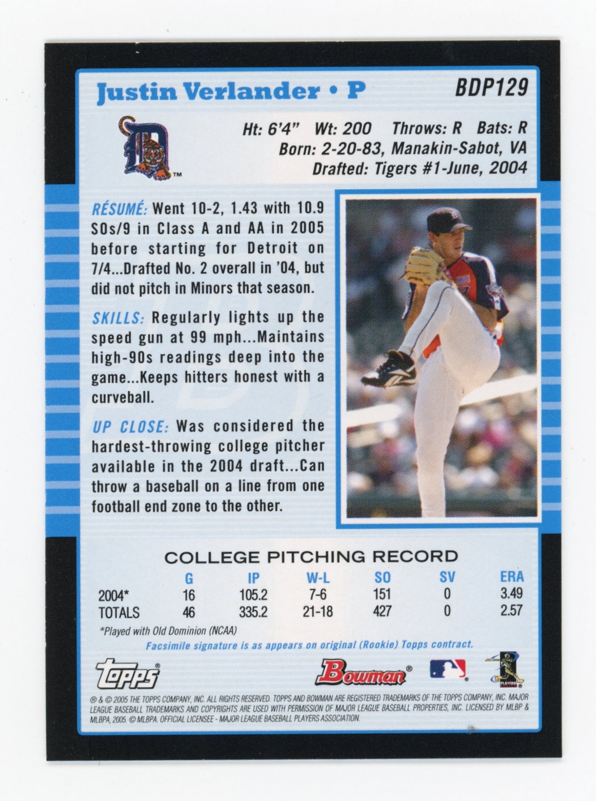 2005 Topps Bowman Justin Verlander #BDP129 - Tigers