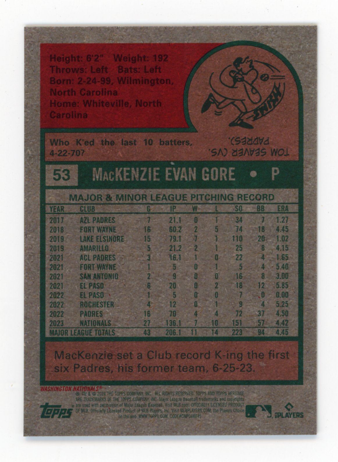 2024 Topps Heritage MacKenzie Gore #53 - Black #/75 Nationals