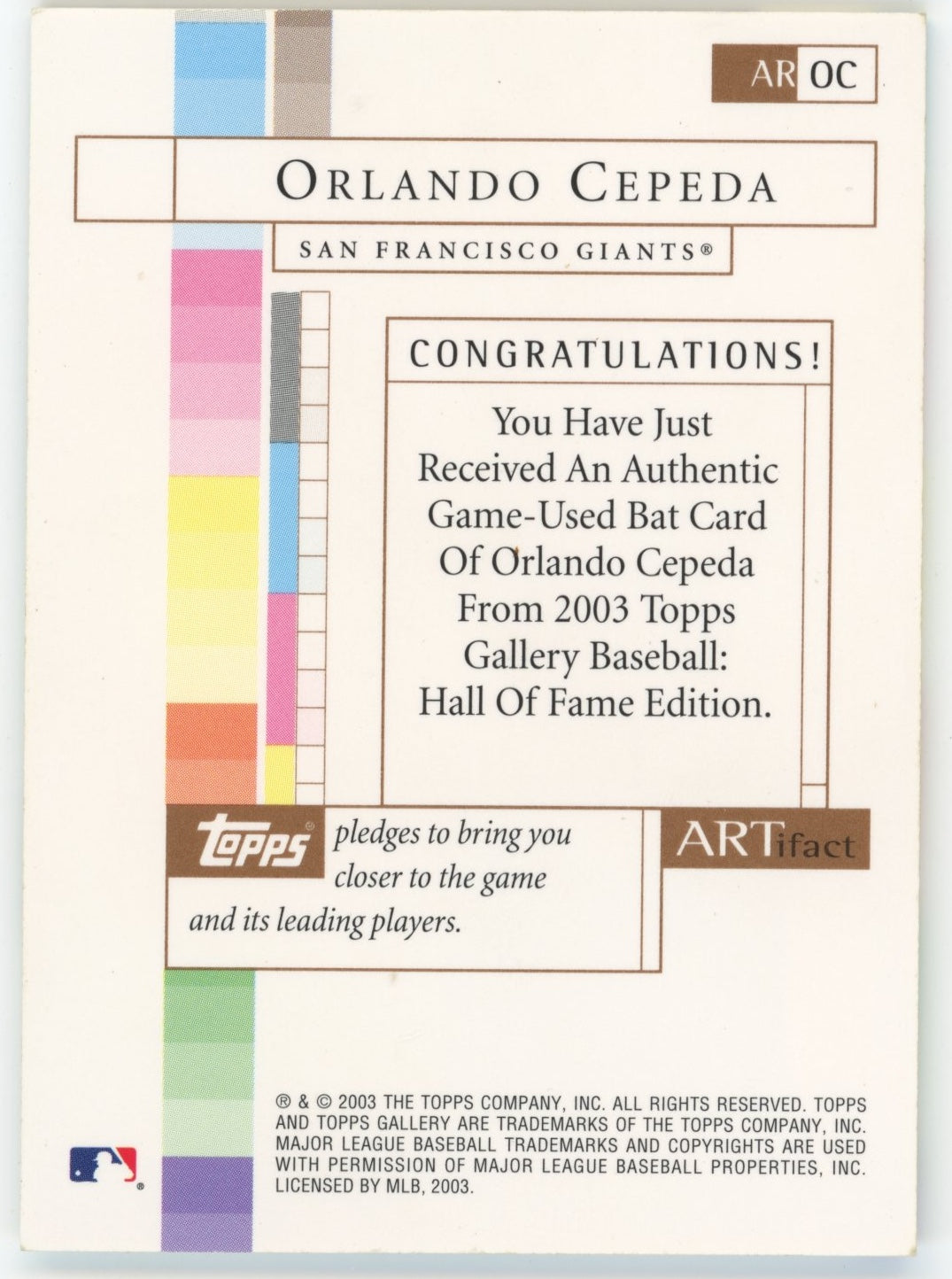 2003 Topps Gallery Orlando Cepeda Artifact #AR-OC - Relic Giants