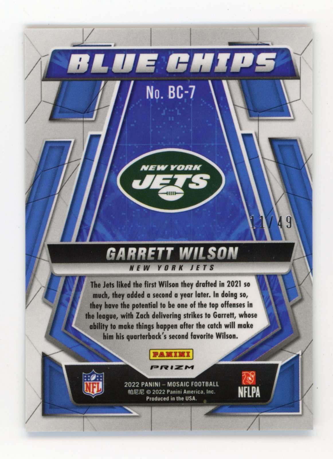 2022 Panini Mosaic Garrett Wilson RC #BC-7 - #/49 Blue Chips Purple Mosaic Jets