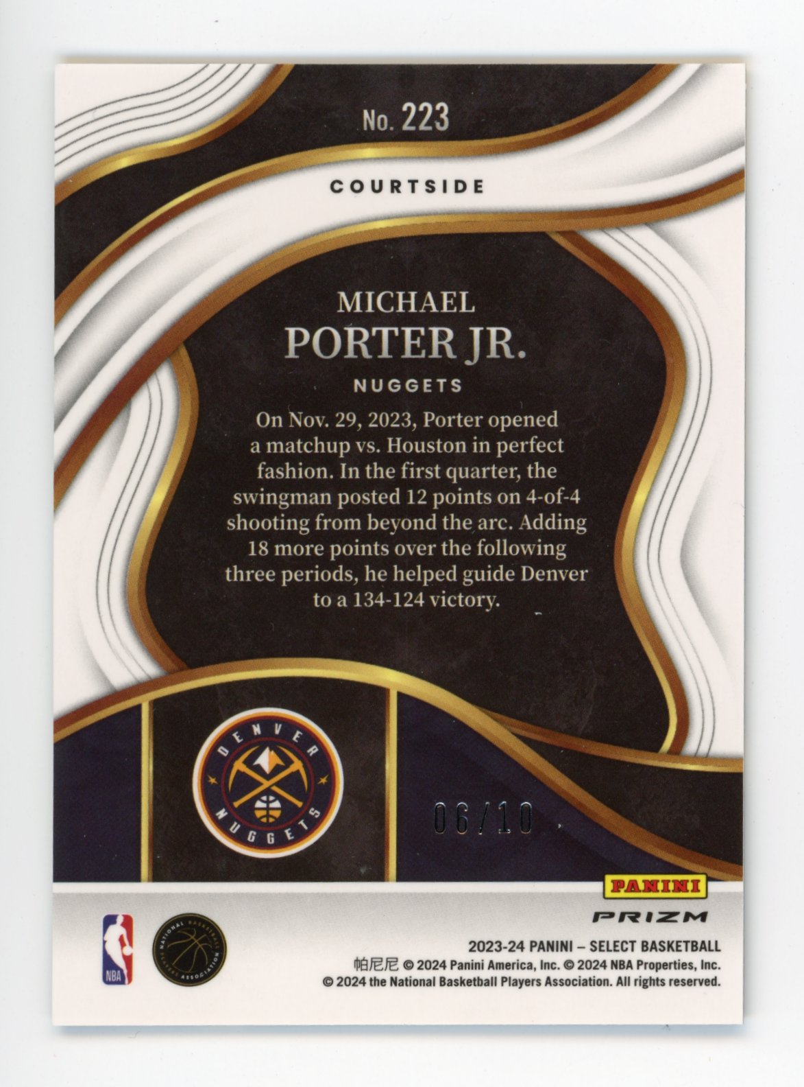 2023/24 Panini Select Courtside Michael Porter Jr. #223 - #/10 Gold Cracked Ice Nuggets