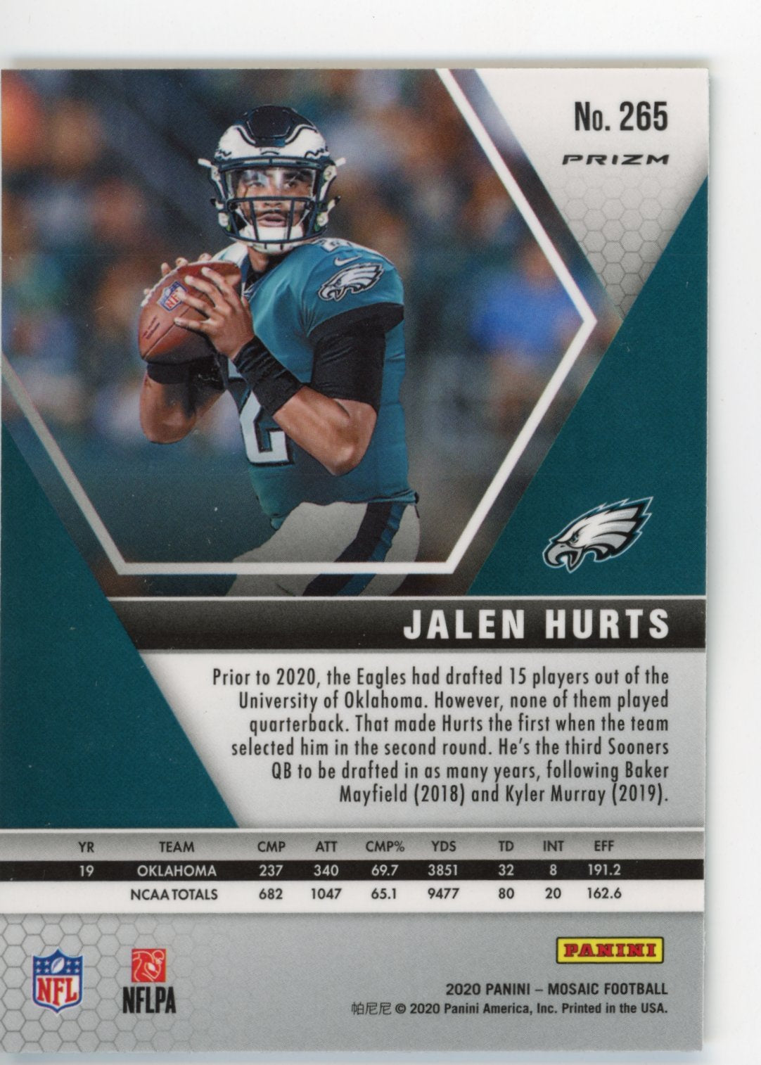 2020 Panini Mosaic Jalen Hurts Rookie #265 - Green Reactive Eagles