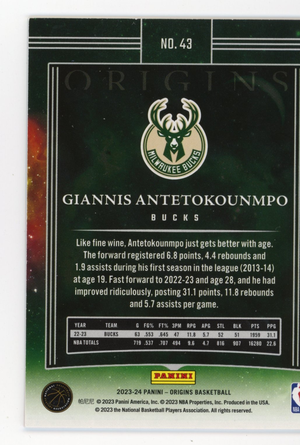 2023/24 Panini Origins Giannis Antetokounmpo #43 - #/75 Orange Bucks