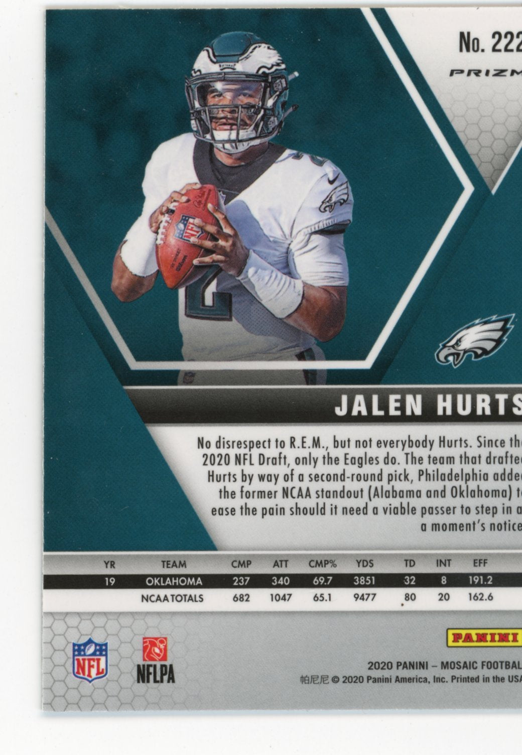 2020 Panini Mosaic Jalen Hurts RC #222 - Red Green Reactive Eagles