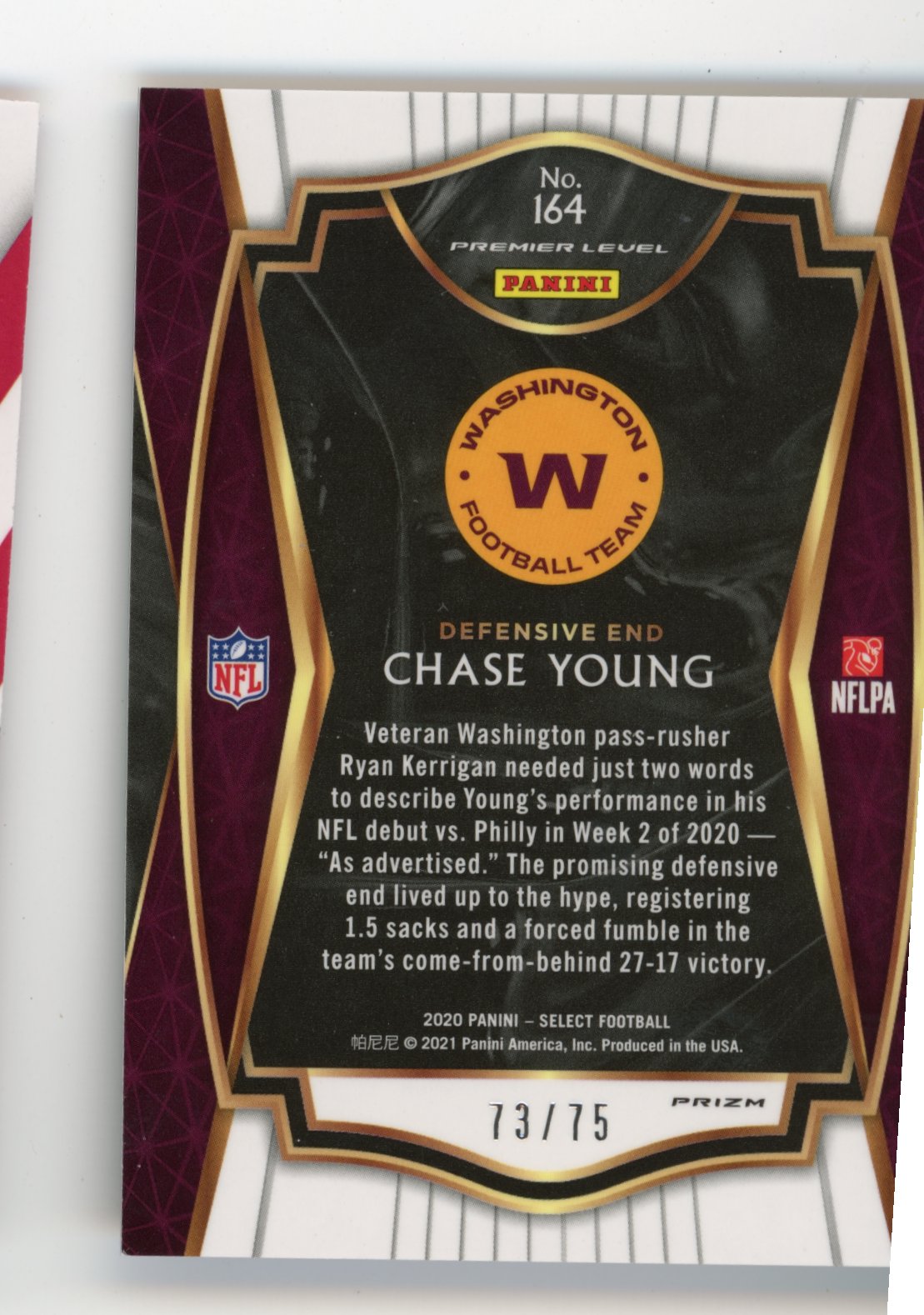 2020 Panini Select Chase Young Rookie #164 - #/75 Pink Commanders